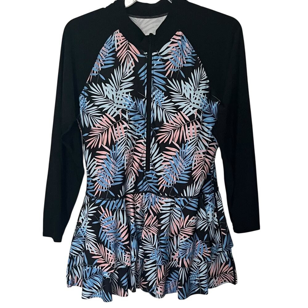 UNIQUEBELLA LONG SLV ZIP FRONT 1-PIECE SWIM DRESS, WOMENS, 3XL, BLUE PINK BLACK